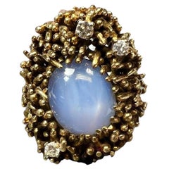 Vintage Mid Century Brutalist 18K Yellow Gold Star Sapphire Diamond Ring
