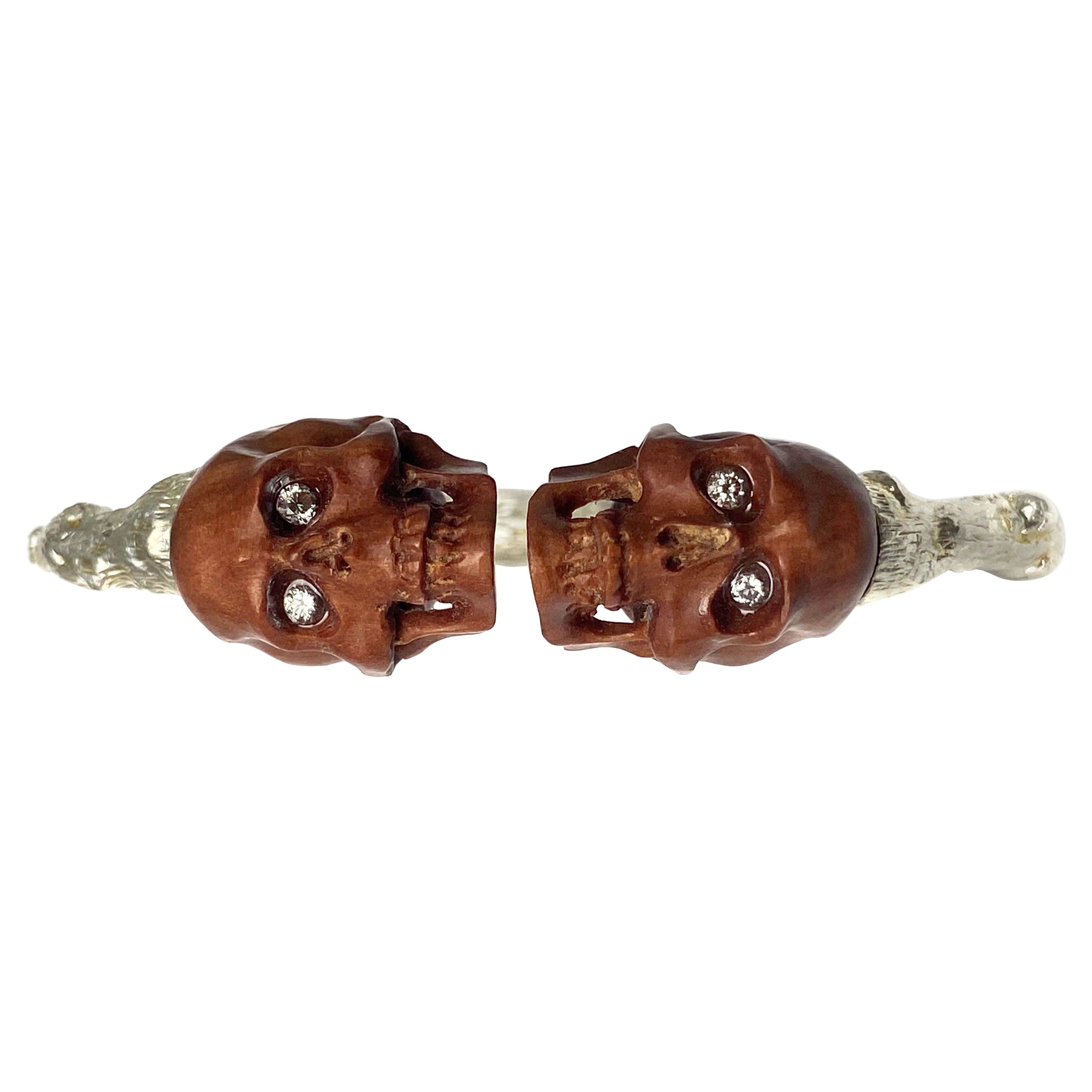 Twig Cuff with Sawo Wood Skulls and Diamond Eyes For Sale