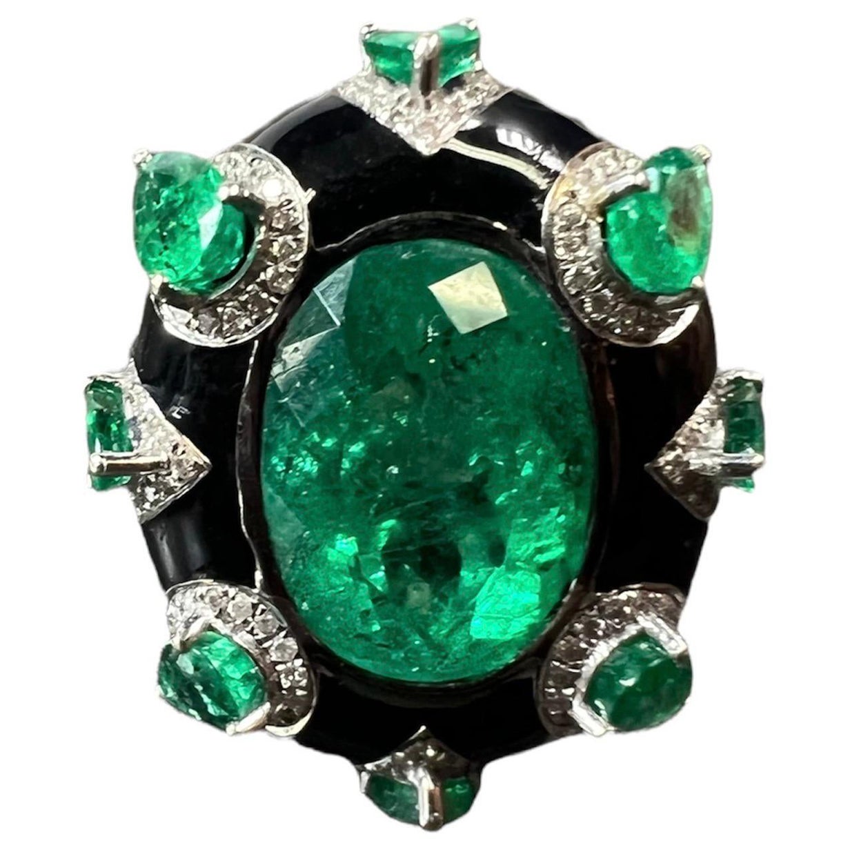 18K Black Gold Colombian Emerald and Diamond Ring For Sale