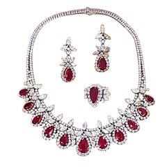 Burma Ruby Necklace Earrings Ring Diamond Jewelry Set 18 Karat Gold