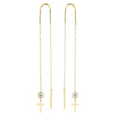 Cross Gold Threader Chain Earrings, 14k Gold Cross Earrings