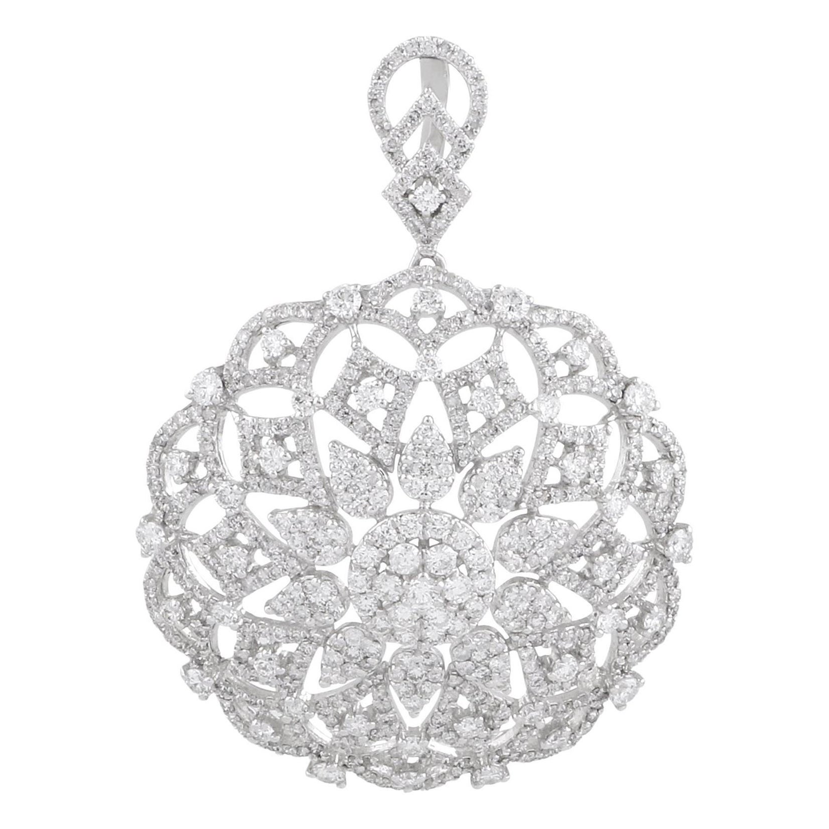 3.65 Carat Diamond Flower Design Pendant 10 Karat White Gold Handmade Jewelry For Sale