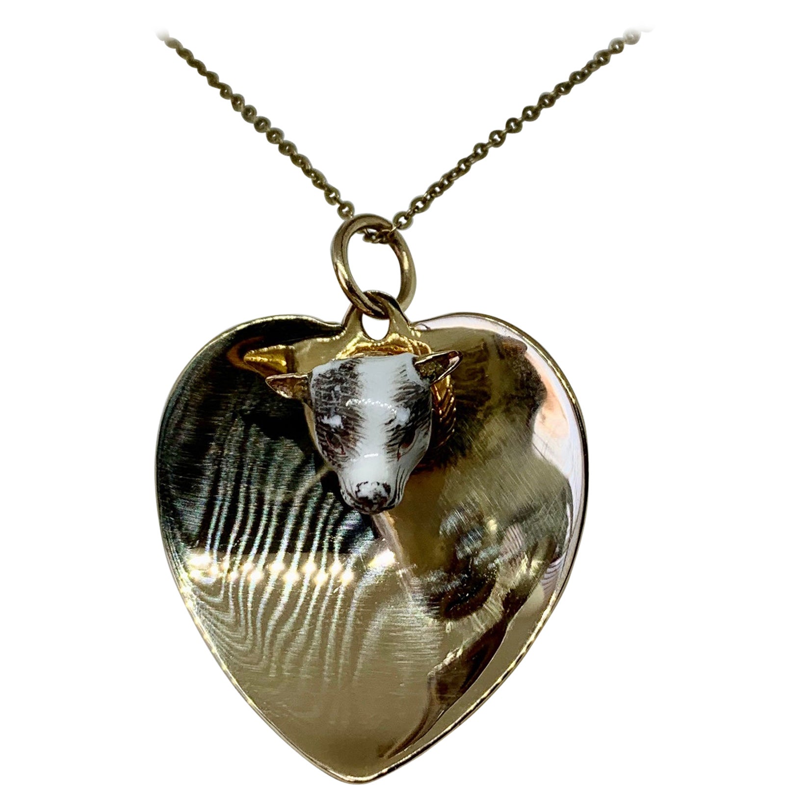 Victorian Enamel Dog Heart Jack Russell Terrier Pendant Necklace 14 Karat Gold For Sale