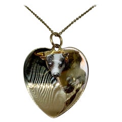 Victorian Enamel Dog Heart Jack Russell Terrier Pendant Necklace 14 Karat Gold