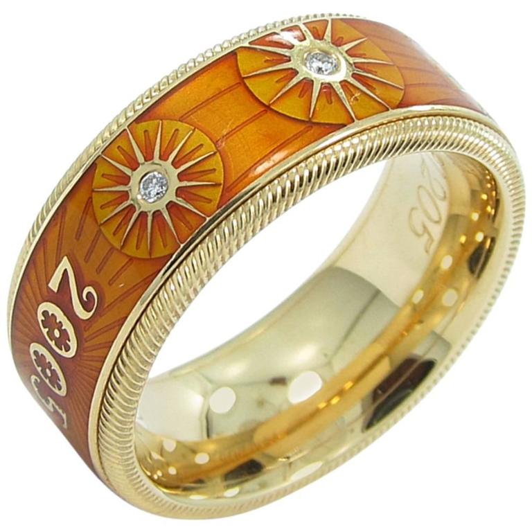 Wellendorff Ltd. Ed. 2005 Orange Enamel Diamond Gold Sunburst Spinning