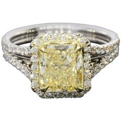 2.14 Carat GIA Cert Yellow Radiant Diamond Gold Halo Engagement Ring