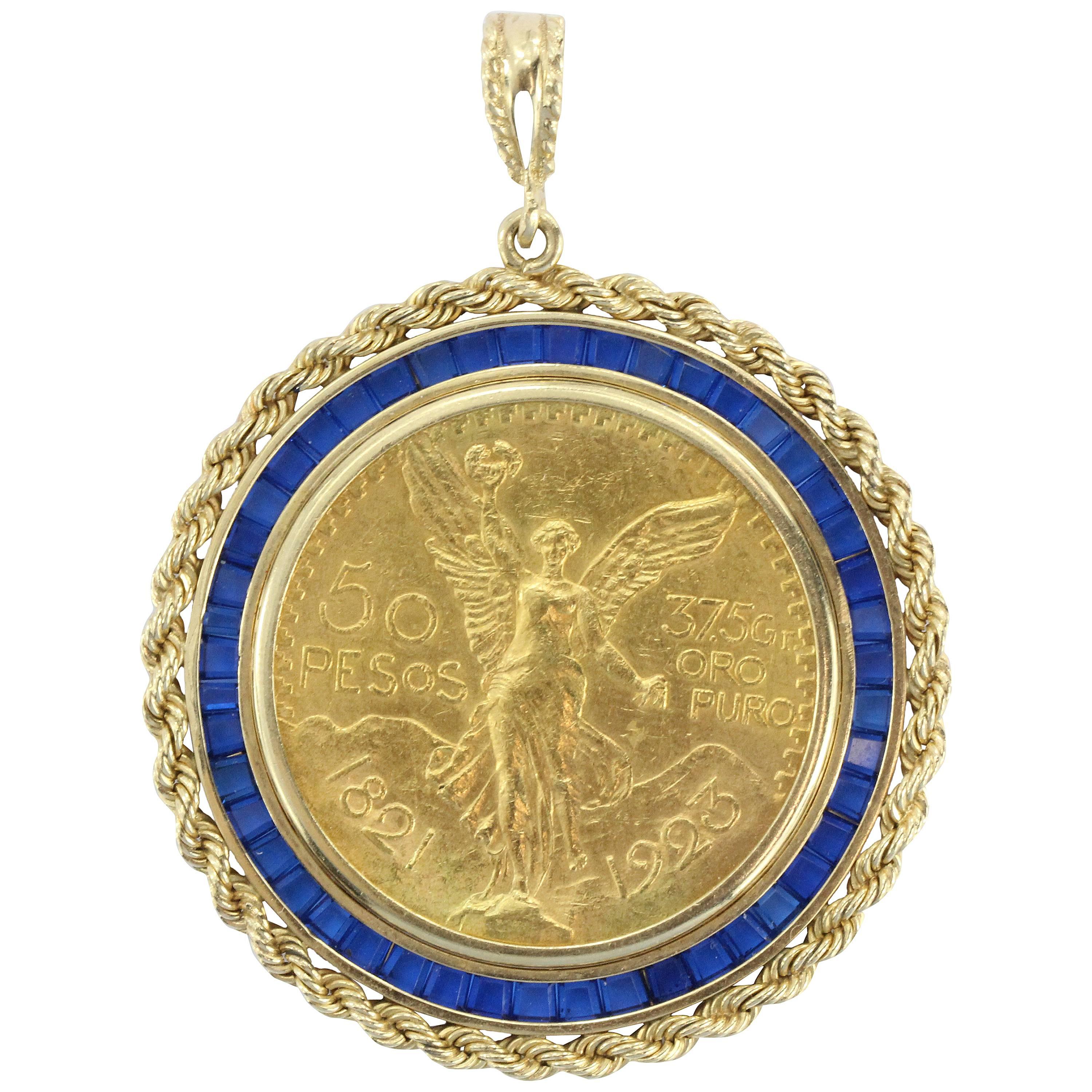 Large 1923 Gold Angel Coin Pendant Set In A Custom Sapphire Gold Bezel 
