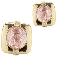 18 Karat Yellow Gold Carved Rose Quartz and Diamond Earrings