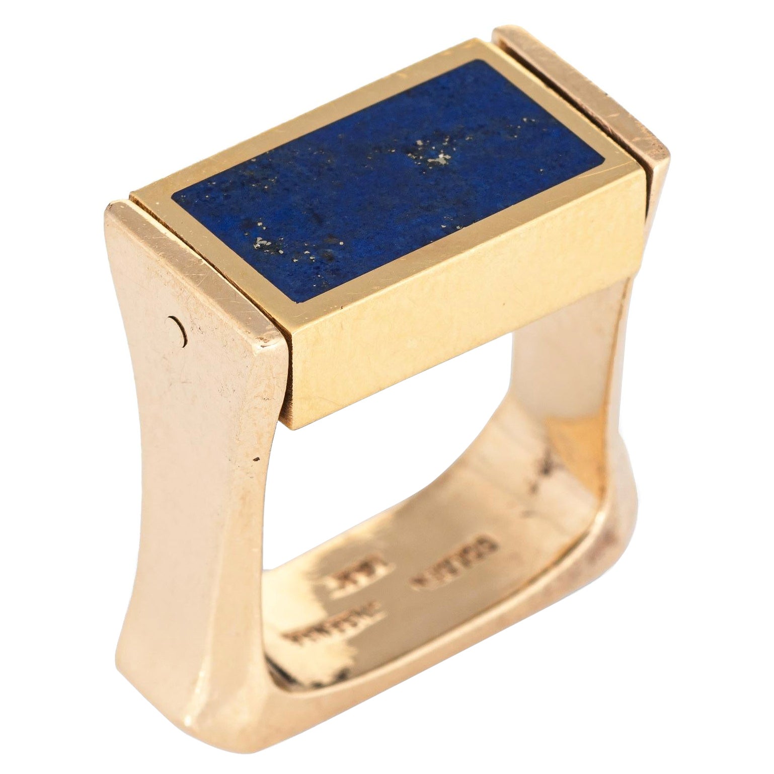 Vintage 70s Flip Ring Jade Lapis Lazuli 14k Yellow Gold Square Band For Sale