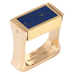 Bague vintage des années 70 en or jaune 14 carats avec jade, lapis-lazuli et anneau carré