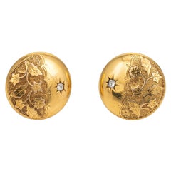 Antique Victorian Diamond Earrings Buttons 10k Yellow Gold Ivy Flower Clip on