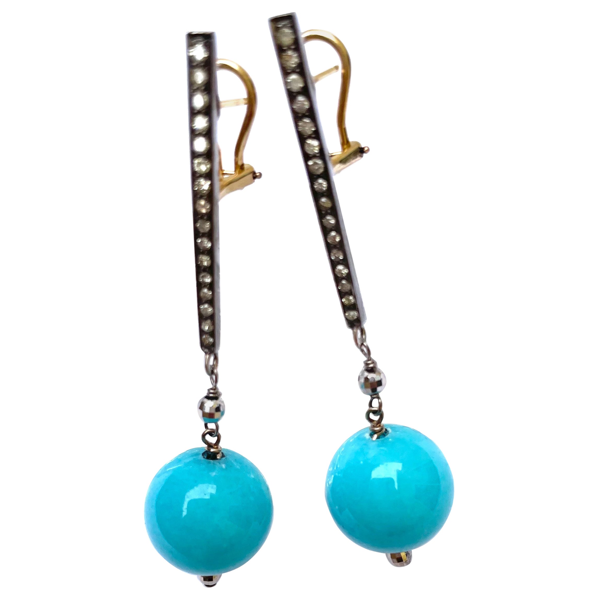Turquoise Color Jade Earrings with Diamonds For Sale