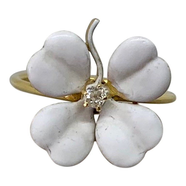 Old Mine Diamond Enamel Clover Flower Ring Antique Victorian 14 Karat Gold