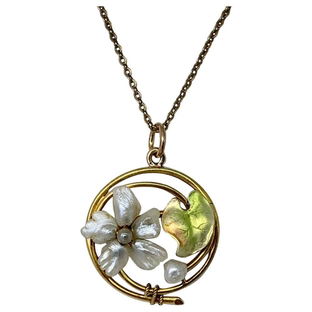 Art Nouveau Flower Lily Pad Enamel Pearl Pendant Lavaliere Necklace 14K Gold