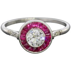 .44 Carat Old European Cut Diamond Ruby Platinum Halo Engagement Ring