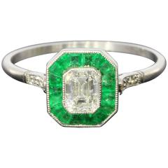 Vintage .54 Carat Diamond Emerald Platinum Halo Engagement Ring