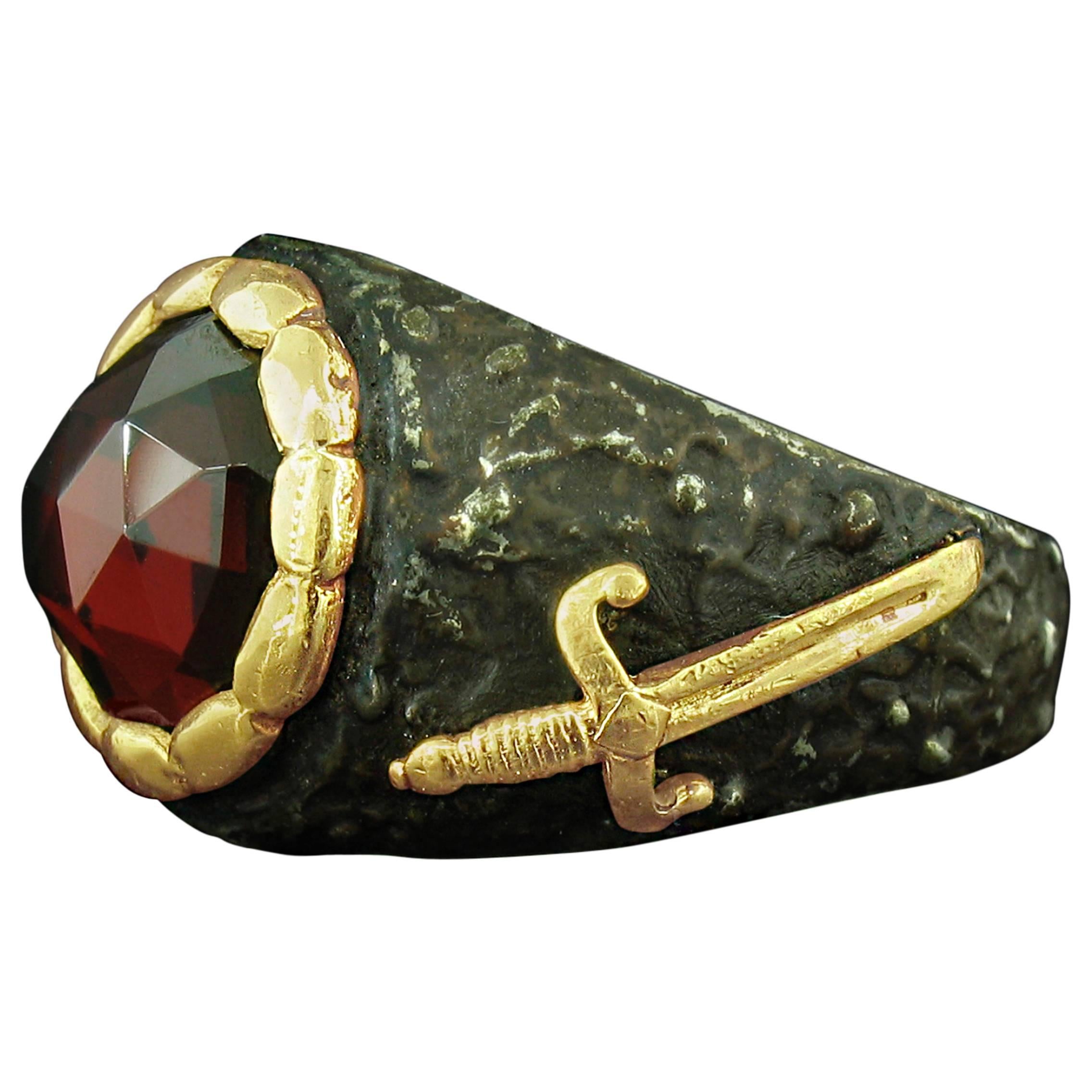 Victor Velyan Garnet Ring in Brown Patina For Sale