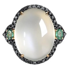 White Moonstone Black Diamonds and Emerald in 18kt Yellow Gold Cocktail Ring