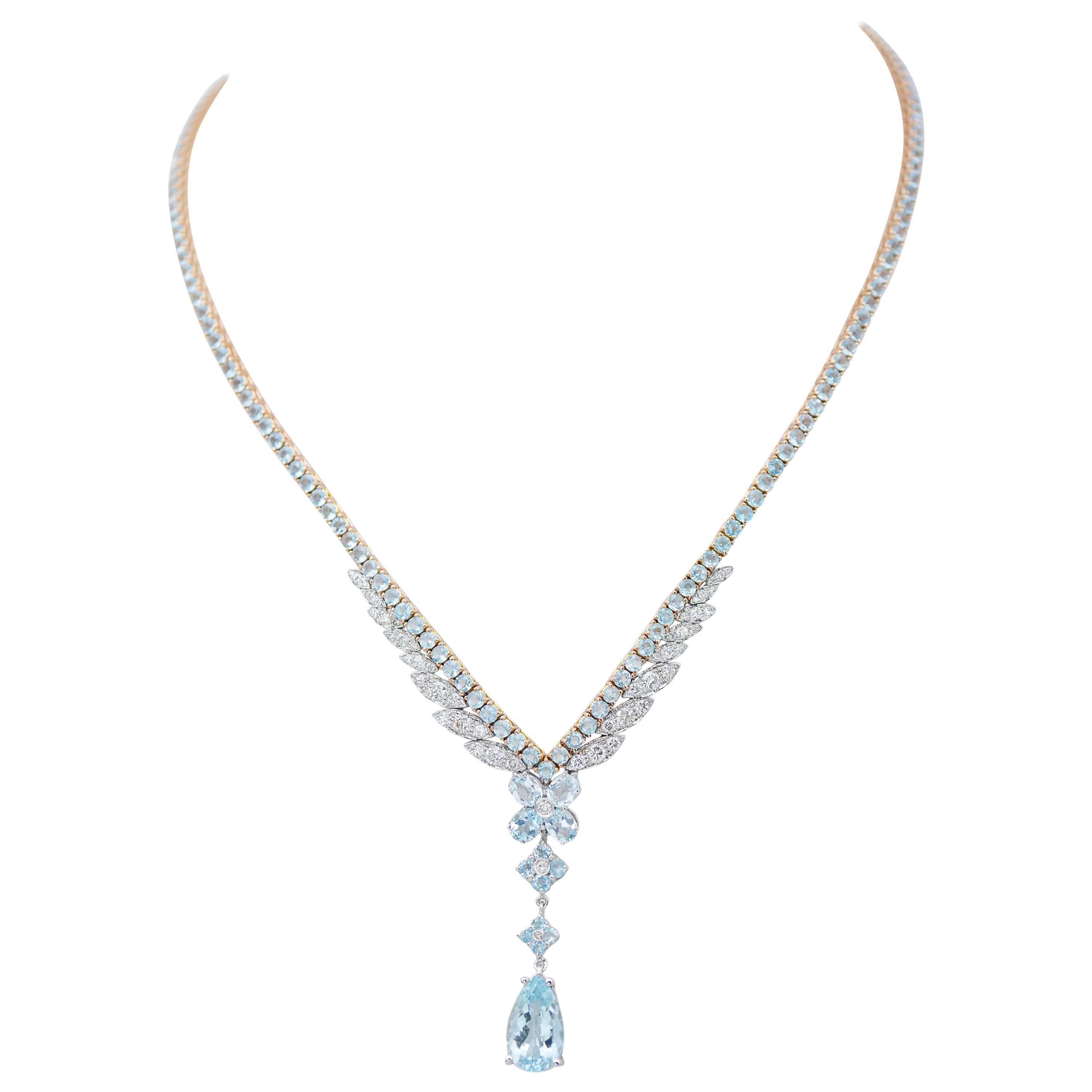 SHIPPING POLICY:
No additional costs will be added to this order.
Shipping costs will be totally covered by the seller (customs duties included).

Elegant tennis necklace in 14 kt rose gold structure mounted with aquamarine.In the fina