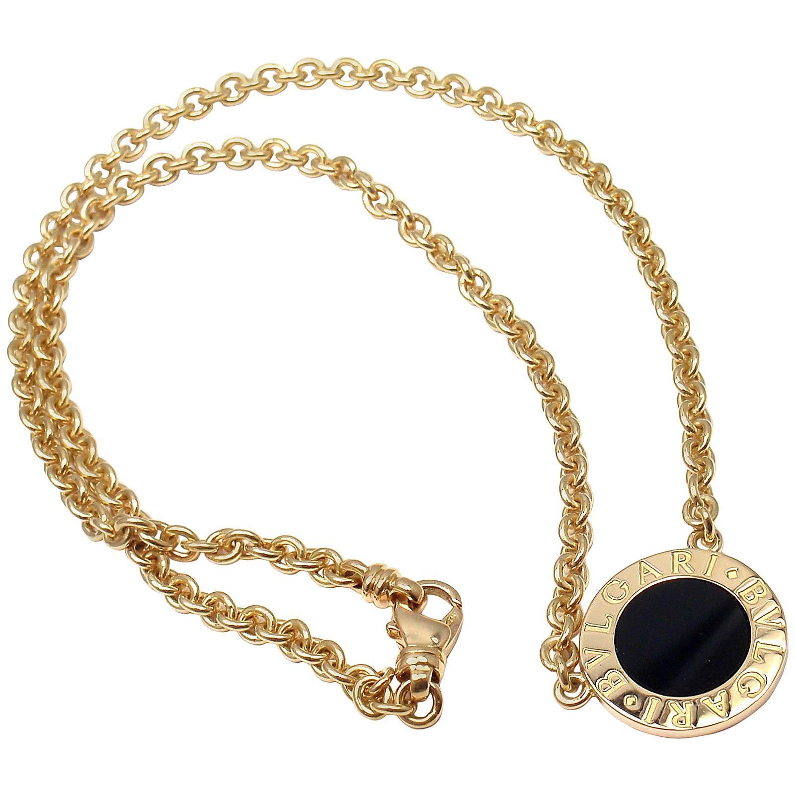 Bulgari Schwarzer Onyx Gold Anhänger Link Halskette
