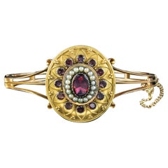 Antique Victorian Etruscan Garnet Pearl Bangle 18ct Gold