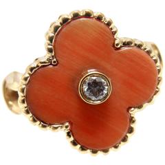 Van Cleef & Arpels Vintage Alhambra Coral Diamond Gold Ring 3