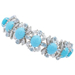Turquoise, Aquamarine, Diamonds, 14 Karat White Gold Bracelet