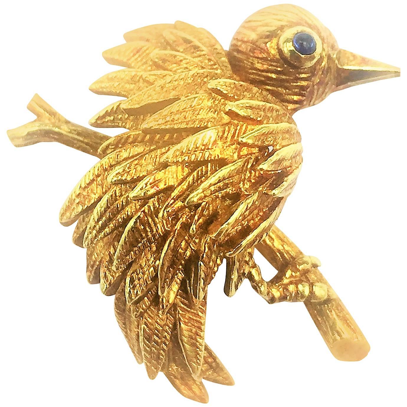 Tiffany & Co. Sapphire and Gold Adorable Bird On Perch Pin Brooch