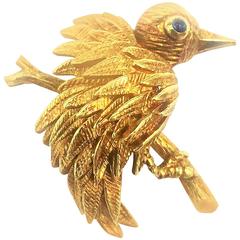 Tiffany & Co. Sapphire and Gold Adorable Bird On Perch Pin Brooch