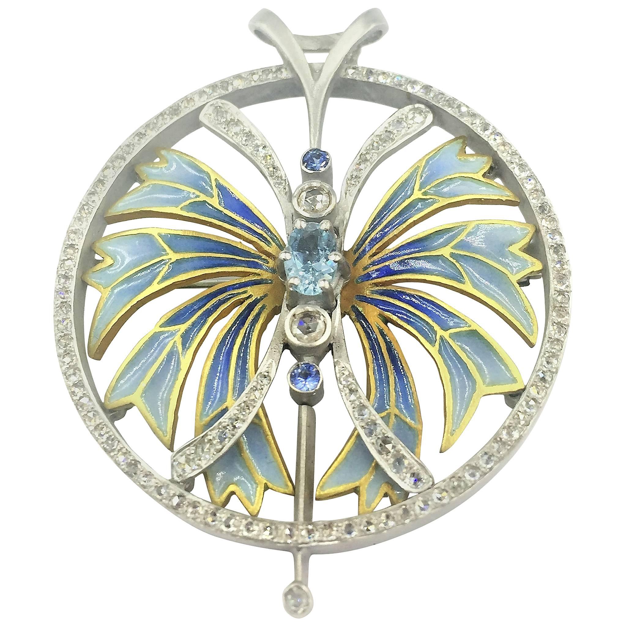 Modern  Plique-a-Jour Enamel Aquamarine Sapphire Diamond Pendant  Brooch For Sale
