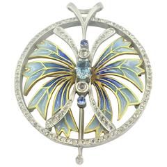 Modern  Plique-a-Jour Enamel Aquamarine Sapphire Diamond Pendant  Brooch