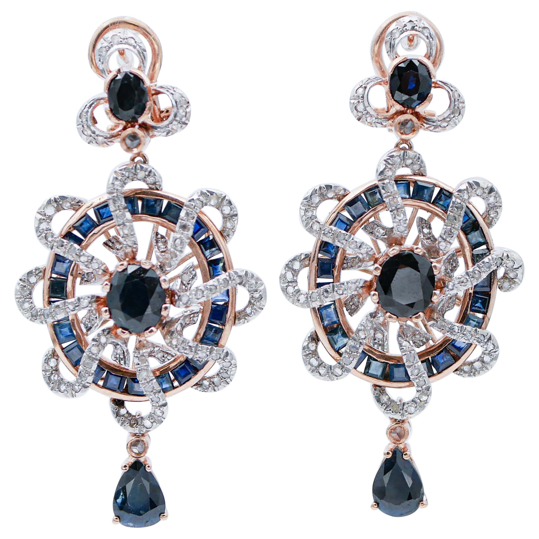 Sapphires, Diamonds, Rose Gold and Silver Earrings For Sale