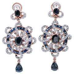 Sapphires, Diamonds, Rose Gold and Silver Earrings