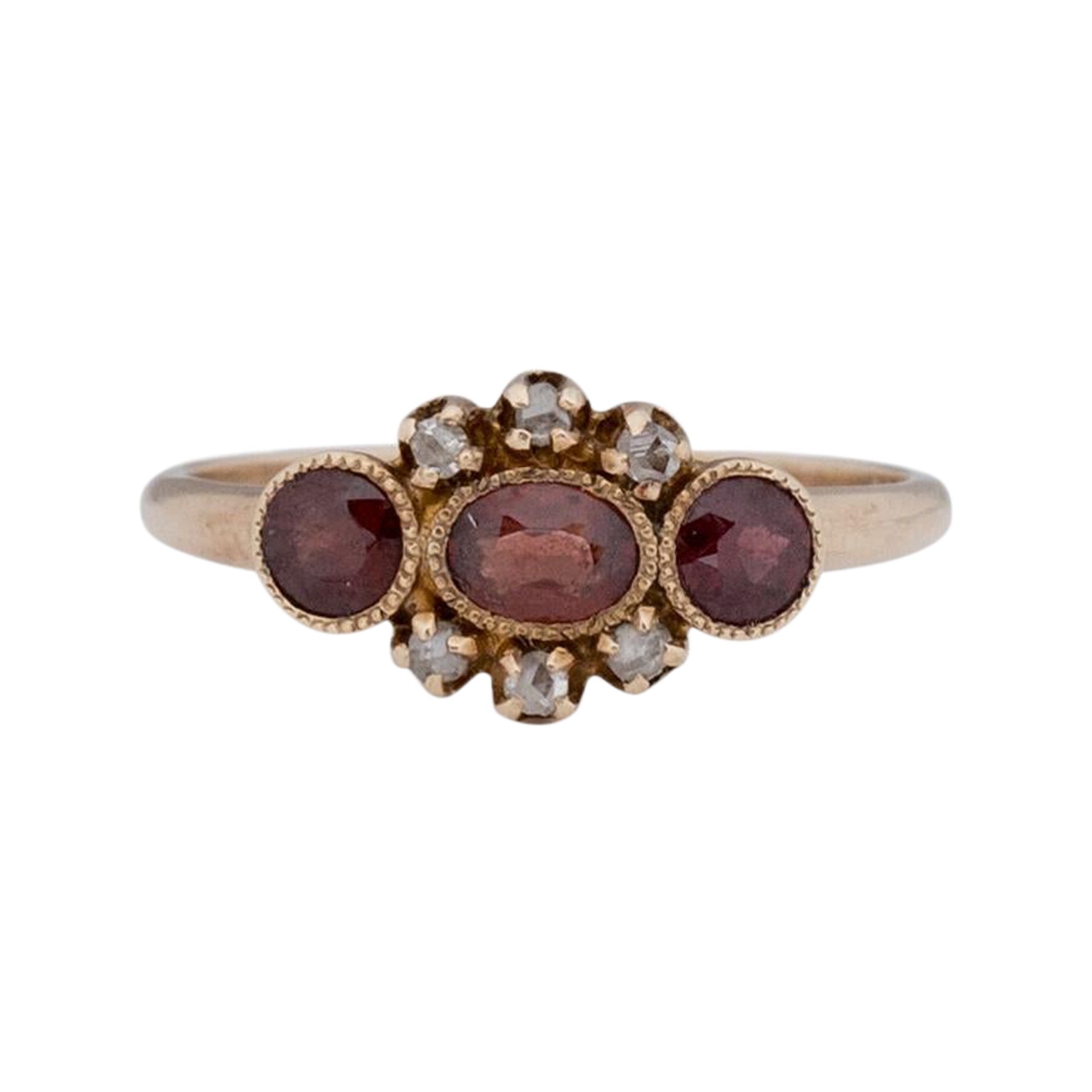 Victorian 9K Yellow Gold Vintage Three Stone Garnet and Diamond Low Profile Ring