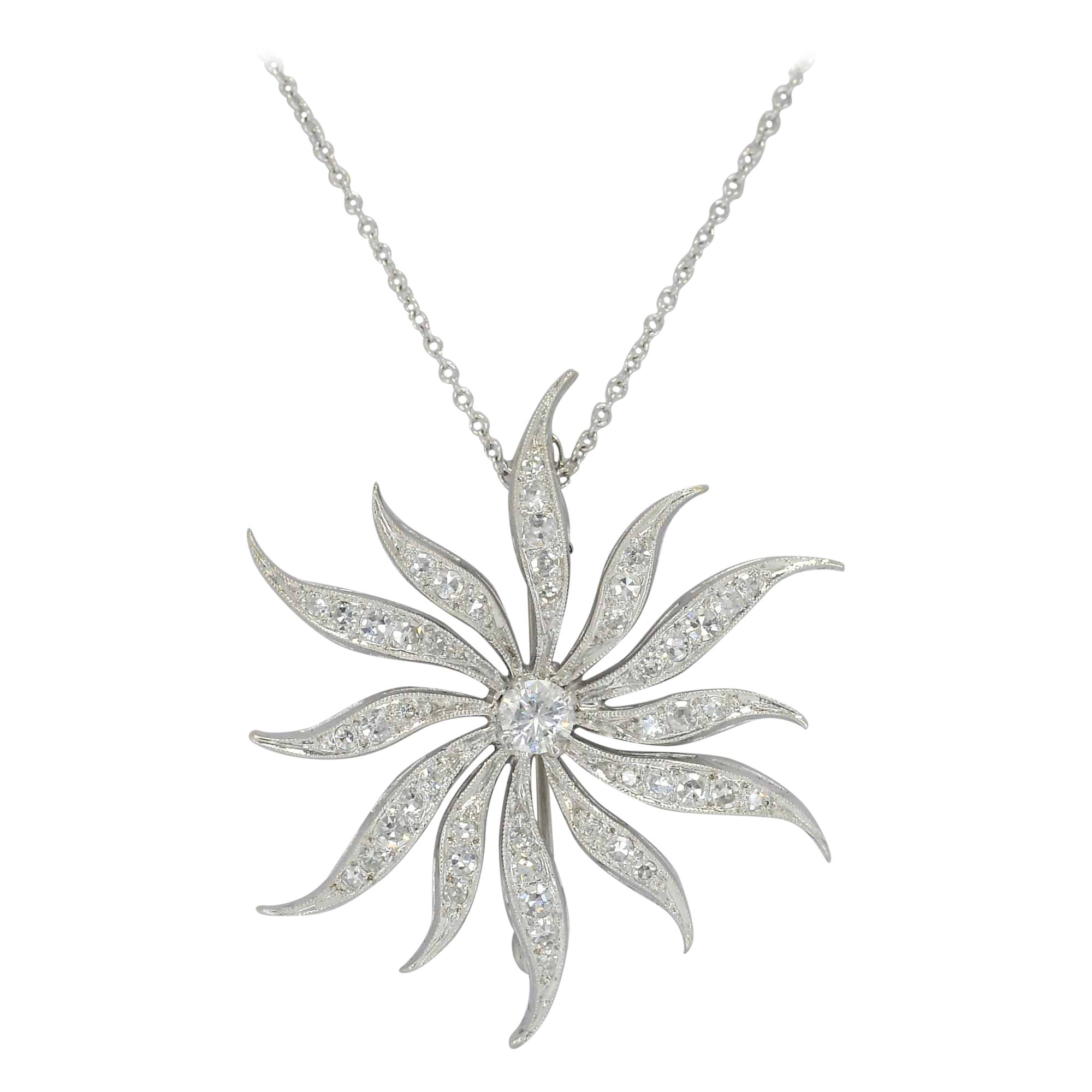 Retro Pinwheel Starburst Diamond Pin Pendant Necklace 1940s