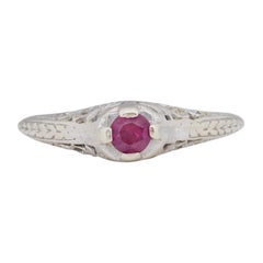 Art Deco 14K White Gold Vintage Open Work Solitaire Old Cut Ruby Engagement Ring