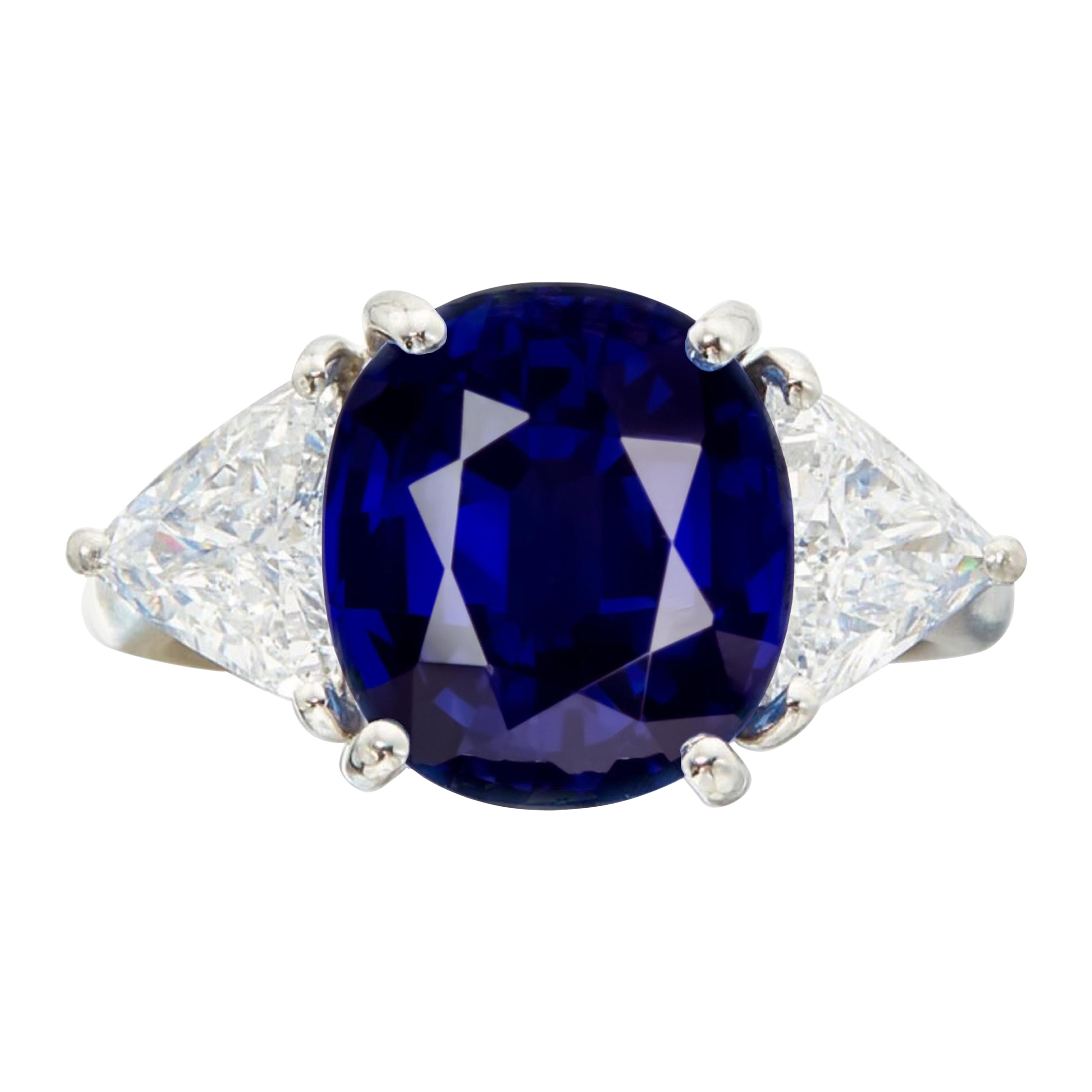 GIA Certifed 3.55 Carat Royal Blue Sapphire Diamond Three Stone Ring