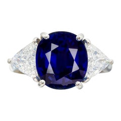 GIA Certifed 3.55 Carat Royal Blue Sapphire Diamond Three Stone Ring