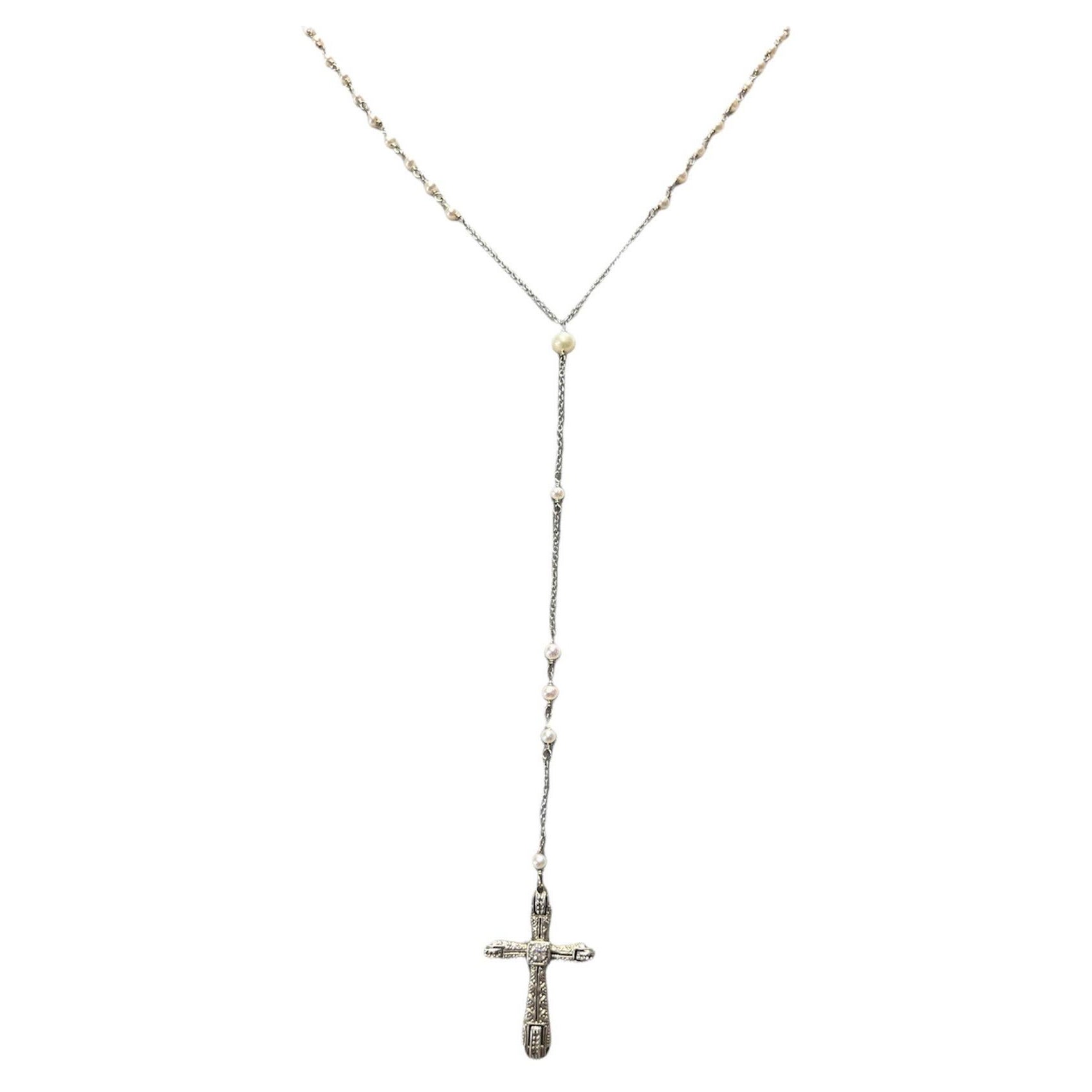 Art Deco 14K White Gold Pearl and Diamond Cross Rosary Necklace For Sale