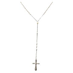 Art Deco 14K White Gold Pearl and Diamond Cross Rosary Necklace