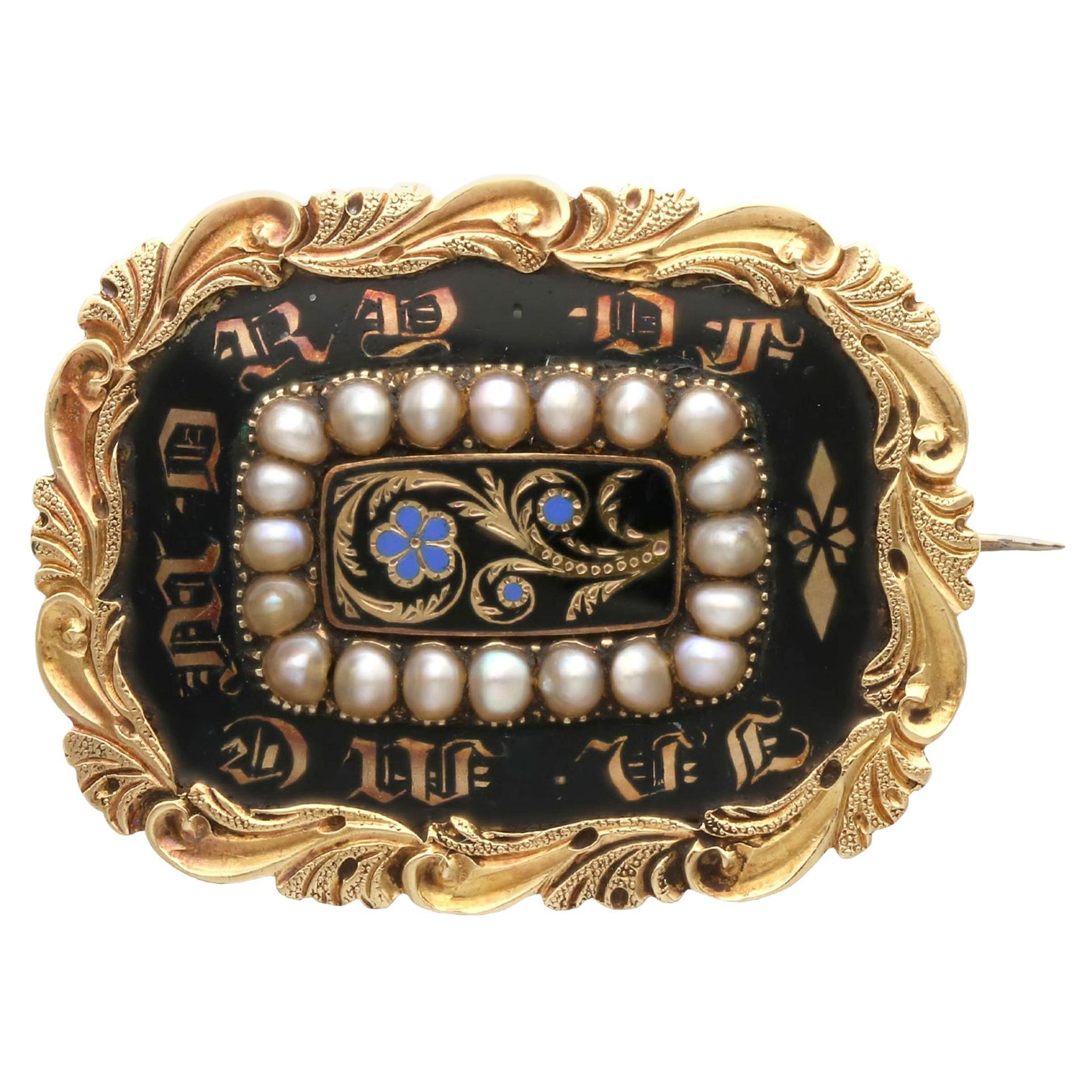 Antique Enamel and Seed Pearl 12k Yellow Gold Mourning Brooch, circa 1835