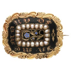 Antique Enamel and Seed Pearl 12k Yellow Gold Mourning Brooch, circa 1835