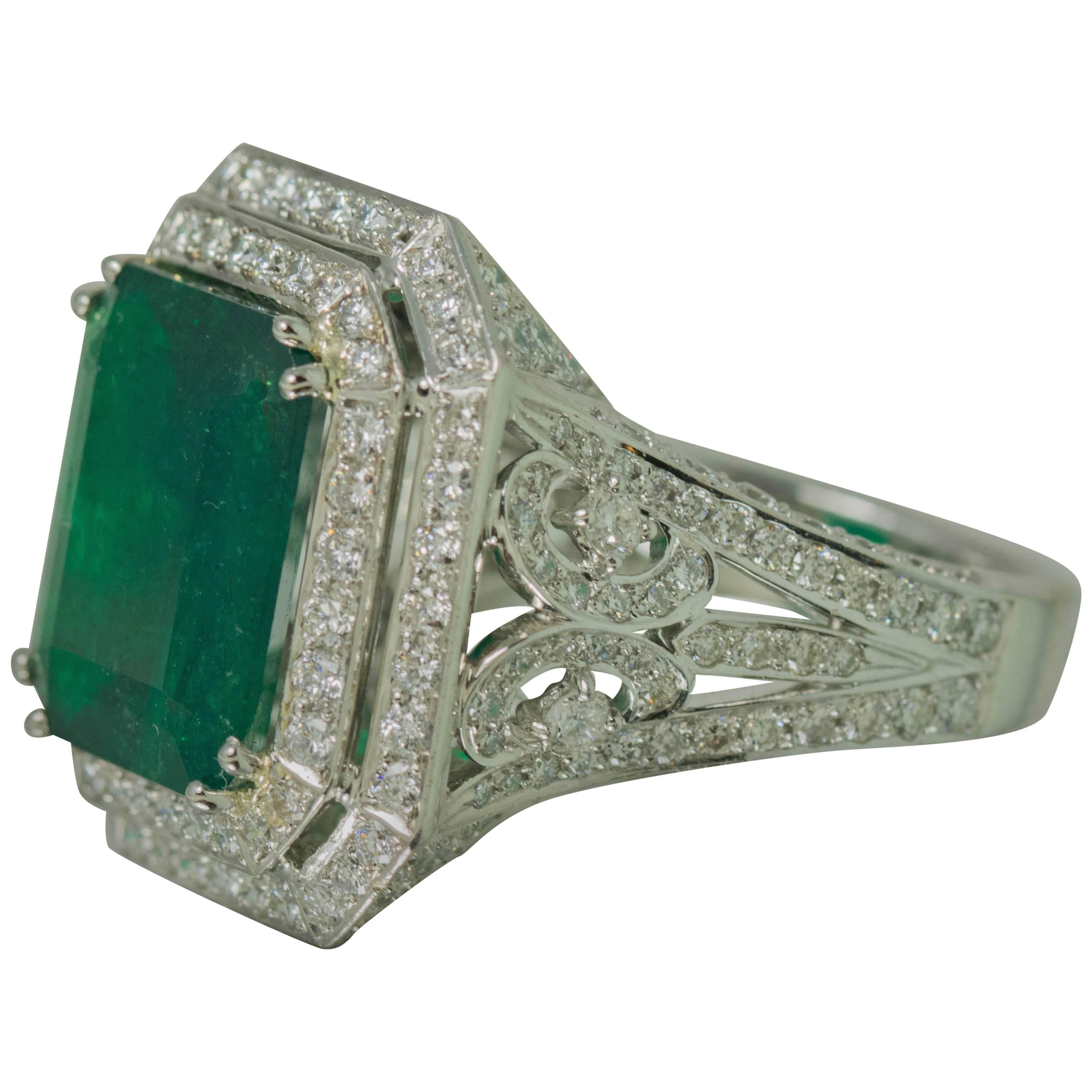 Gubelin Cert 6.81 Carat Emerald Diamond Platinum Ring 