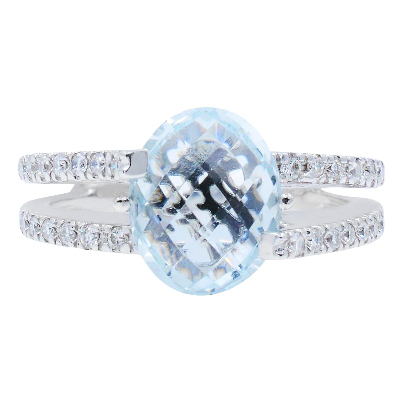 Rachel Koen Aquamarine Diamond Ring 18K White Gold 0.21Cttw For Sale