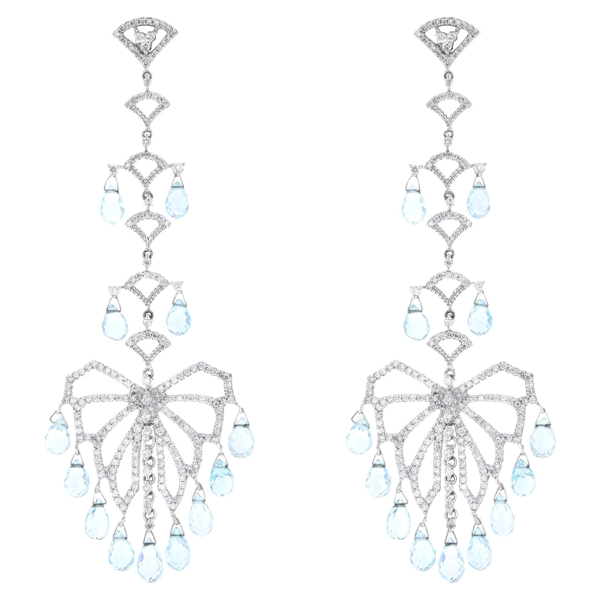 Aquamarine & Diamond Chandelier Drop Dangle Earrings in 18k White Gold 1.25ctw For Sale