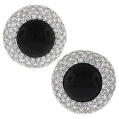 Large 18k Gold Cabochon Black Onyx 10.46ctw Pave Diamond Round Button Earrings