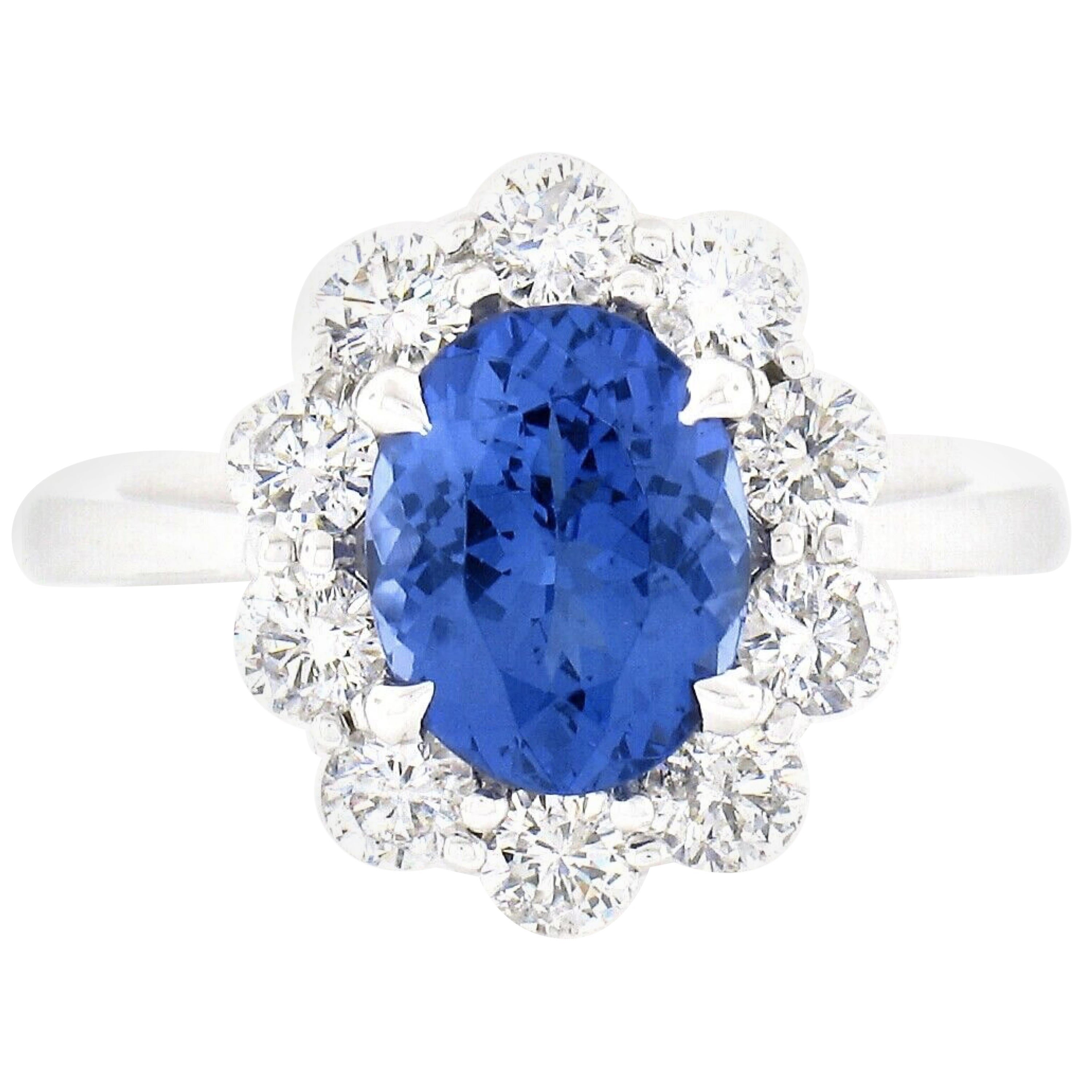 New 14k White Gold 2.95ctw Oval Blue Violet Tanzanite W/ Round Diamond Halo Ring For Sale