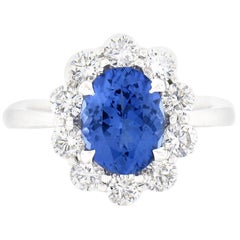 New 14k White Gold 2.95ctw Oval Blue Violet Tanzanite W/ Round Diamond Halo Ring