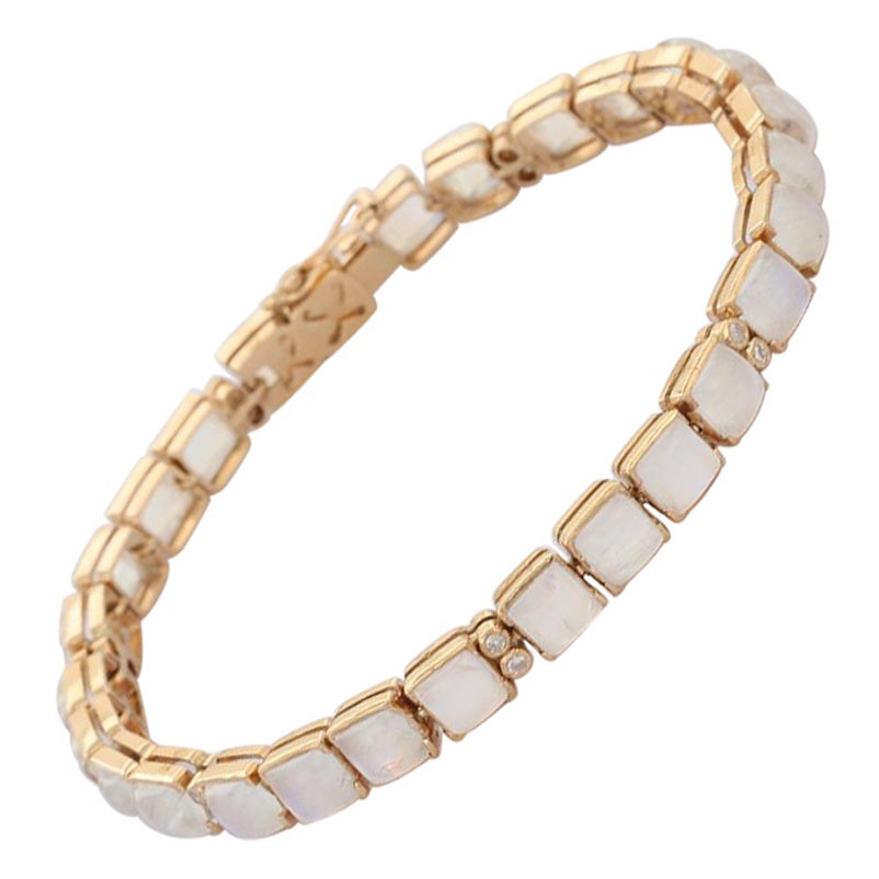 Bracelet tennis en or jaune 18 carats avec diamants et pierre de lune naturelle de 19,84 carats
