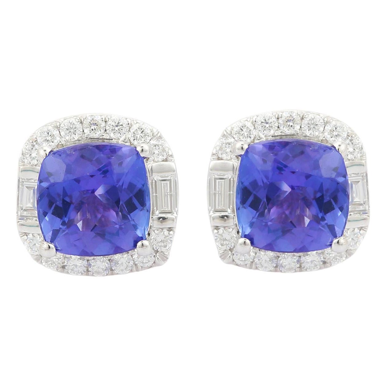 Tanzanite and Diamond Cushion Shape Stud Earrings in 18K Solid White Gold For Sale